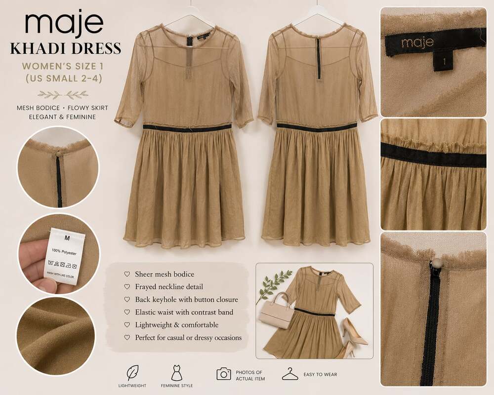 Maje Khadi Dress in Beige with Sheer Mesh Bodice and Black Contrast Waistband,